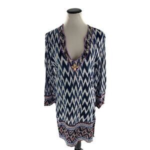 Beach By Exist Tunic Striped Print Beaded Lightweight Resort Multicolor Blouse L